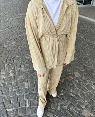 Bej Piliseli Kimono Takım