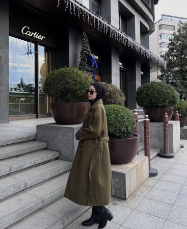 Kemerli Haki Kaşe Kaban Yeni