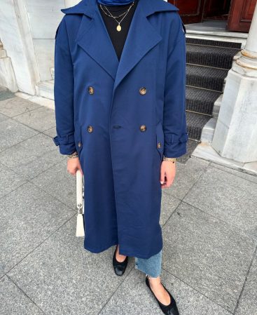 Lacivert Kemerli Trençkot (Oversize Kalıp)