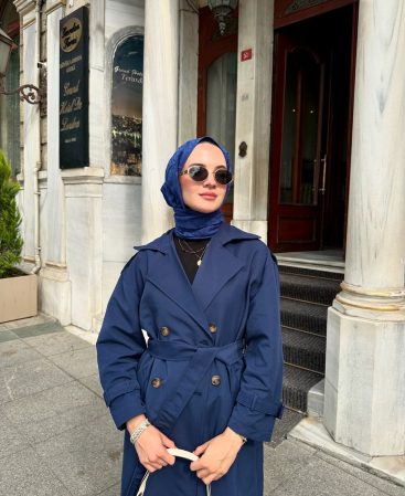 Lacivert Kemerli Trençkot (Oversize Kalıp)