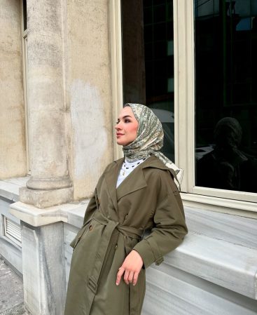 Haki Kemerli Trençkot (Oversize Kalıp)