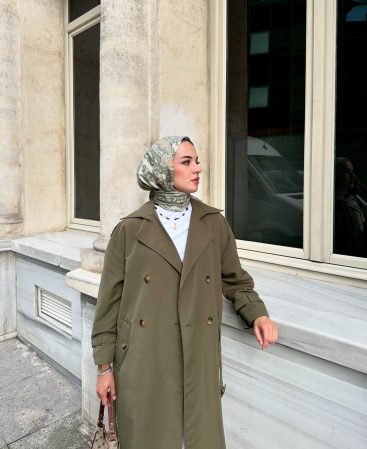 Haki Kemerli Trençkot (Oversize Kalıp)