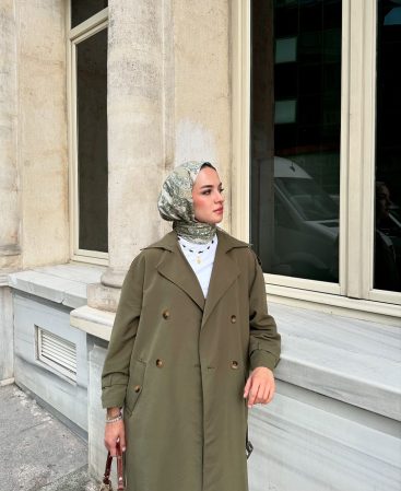 Haki Kemerli Trençkot (Oversize Kalıp)