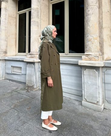 Haki Kemerli Trençkot (Oversize Kalıp)